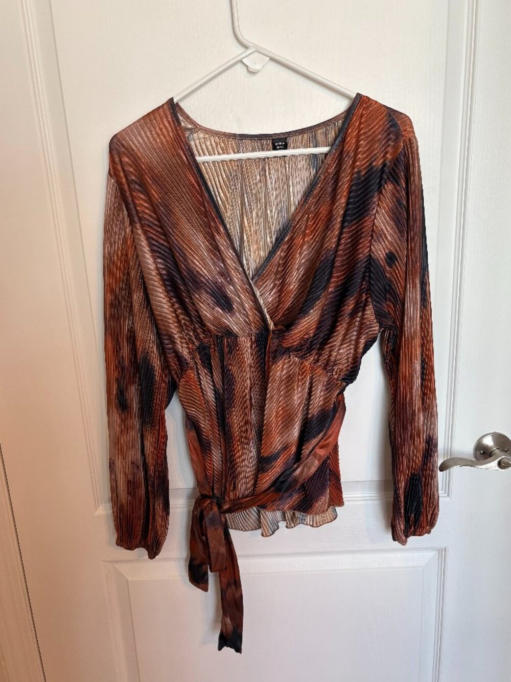 SHEIN Vionelle 2XL Tie Dye Pleated Wrap Peplum Blouse Brown Black